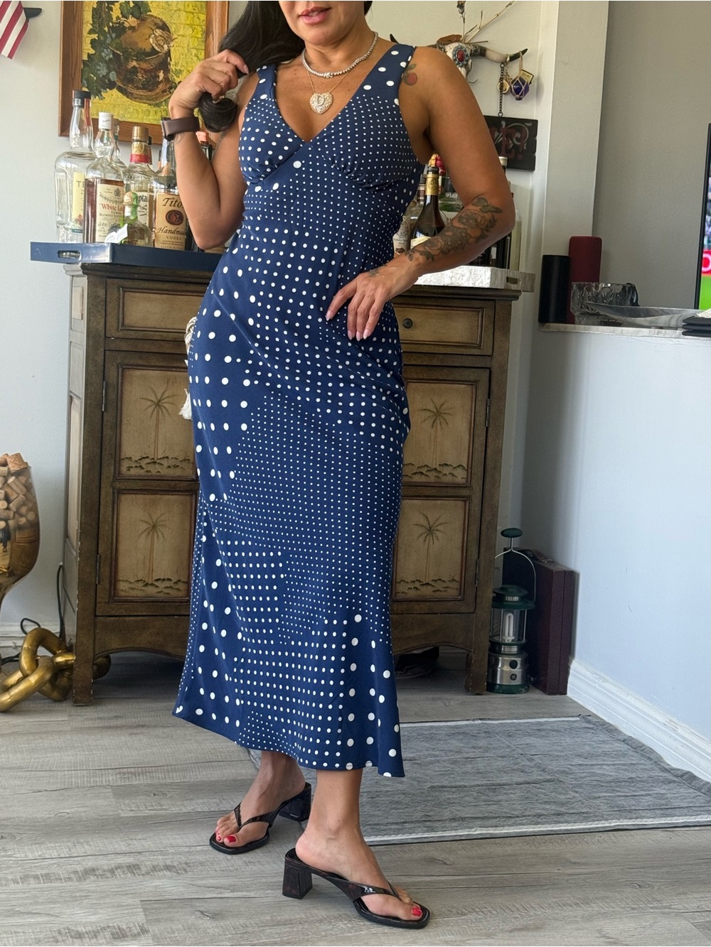 Navy Polka Dot Sleeveless Midi Dress - Classic Women's Dress